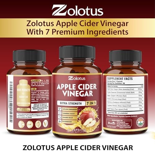 Zolotus 7-in-1 Apfelessig Kapseln, 3-Monatsvorrat mit Ceylon-Zimt, Ingwerwurzel, Kurkuma, Holunderbeere für Verdauung und Immunsystem, 90 Kapseln