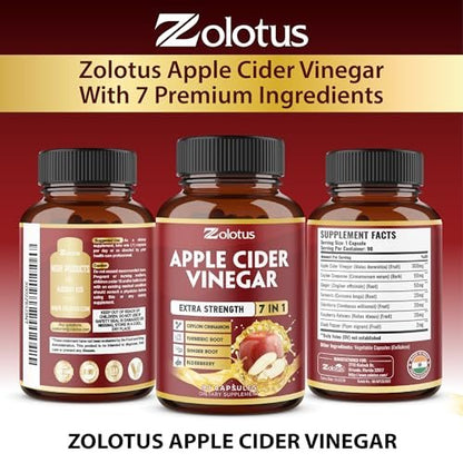 Zolotus 7-in-1 Apfelessig Kapseln, 3-Monatsvorrat mit Ceylon-Zimt, Ingwerwurzel, Kurkuma, Holunderbeere für Verdauung und Immunsystem, 90 Kapseln