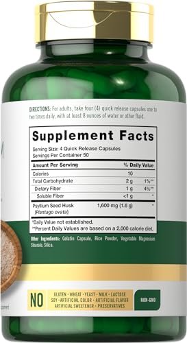 Carlyle Flohsamenschalen Kapseln 1600mg | 200 Stück | Hochdosierter Ballaststoffkomplex | Non-GMO, Glutenfrei