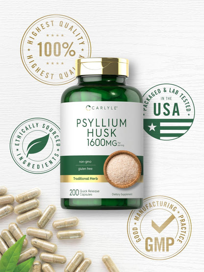 Carlyle Flohsamenschalen Kapseln 1600mg | 200 Stück | Hochdosierter Ballaststoffkomplex | Non-GMO, Glutenfrei
