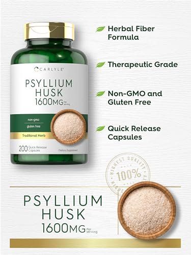 Carlyle Flohsamenschalen Kapseln 1600mg | 200 Stück | Hochdosierter Ballaststoffkomplex | Non-GMO, Glutenfrei