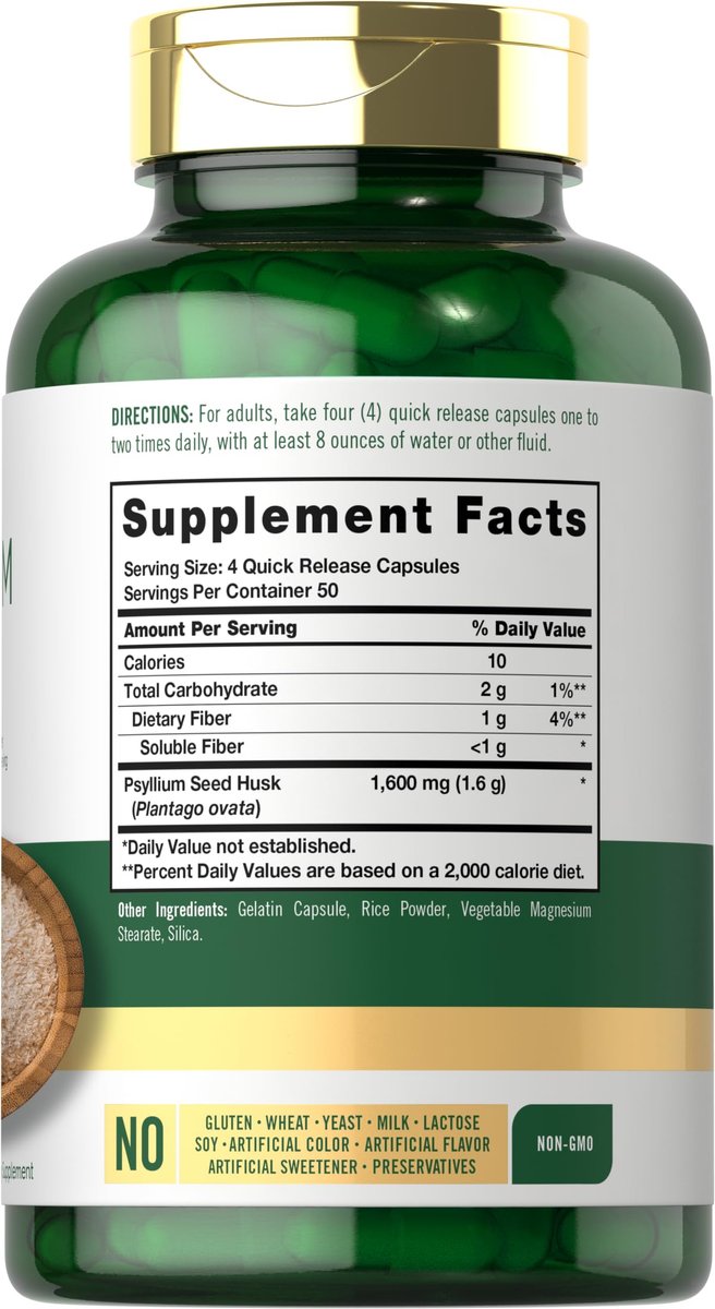 Carlyle Flohsamenschalen Kapseln 1600mg | 200 Stück | Hochdosierter Ballaststoffkomplex | Non-GMO, Glutenfrei