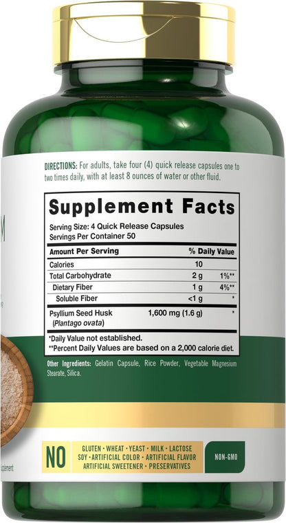 Carlyle Flohsamenschalen Kapseln 1600mg | 200 Stück | Hochdosierter Ballaststoffkomplex | Non-GMO, Glutenfrei