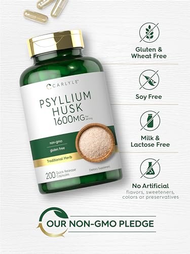 Carlyle Flohsamenschalen Kapseln 1600mg | 200 Stück | Hochdosierter Ballaststoffkomplex | Non-GMO, Glutenfrei