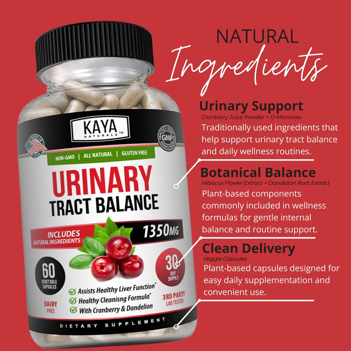 Kaya Naturals D-Mannose – Harnwegs-Cleanse & Blasengesundheit mit Cranberry, Hibiskus & Löwenzahnwurzel – 60 vegane Kapseln