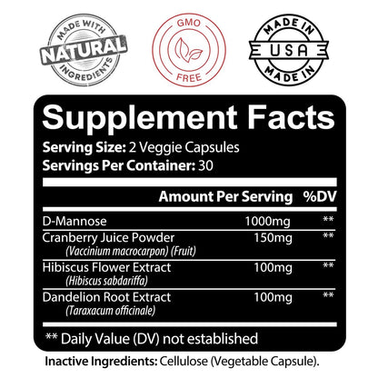 Kaya Naturals D-Mannose – Harnwegs-Cleanse & Blasengesundheit mit Cranberry, Hibiskus & Löwenzahnwurzel – 60 vegane Kapseln