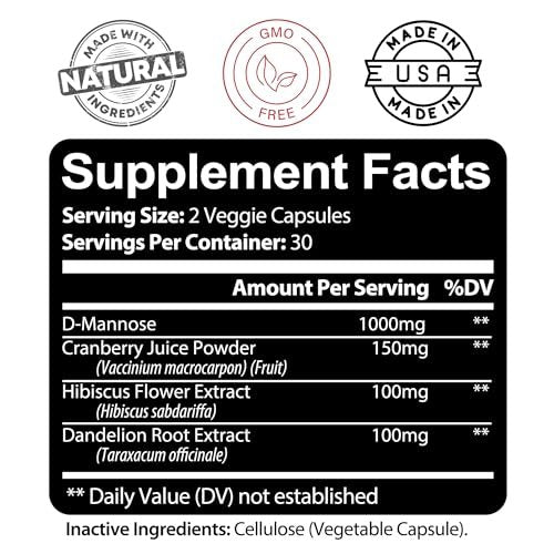 Kaya Naturals D-Mannose – Harnwegs-Cleanse & Blasengesundheit mit Cranberry, Hibiskus & Löwenzahnwurzel – 60 vegane Kapseln