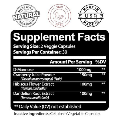 Kaya Naturals D-Mannose – Harnwegs-Cleanse & Blasengesundheit mit Cranberry, Hibiskus & Löwenzahnwurzel – 60 vegane Kapseln