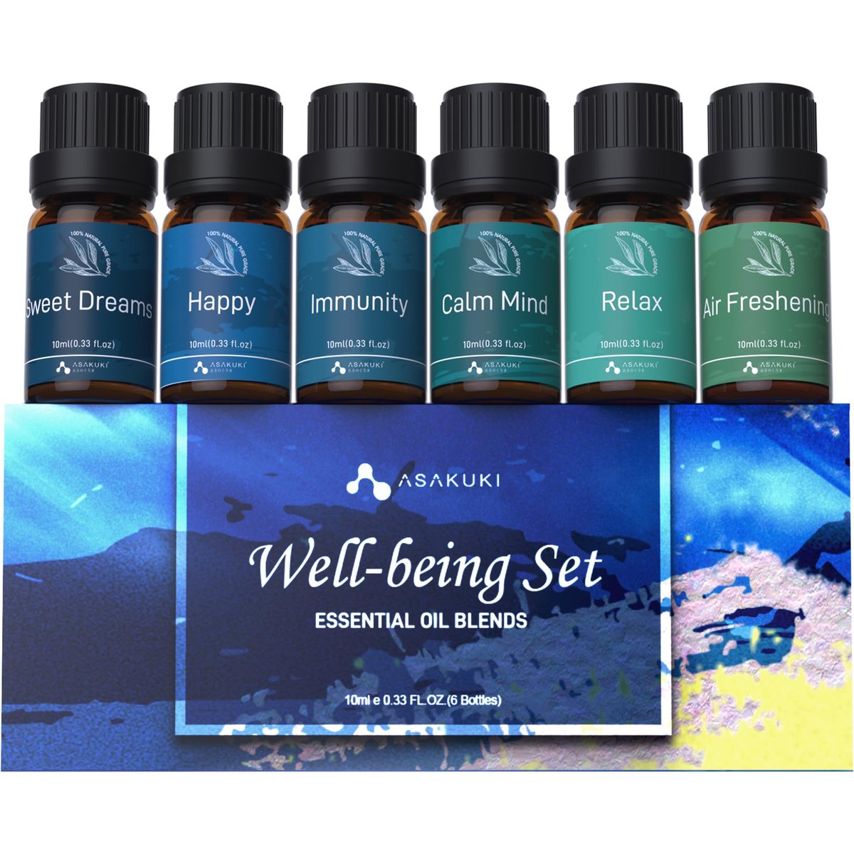 ASAKUKI Ätherische Öle Set für Diffuser – Wohlfühl-Kit mit 6x10ml – Geschenk für Mama – Beruhigung, süße Träume, Glück, Entspannung, Raumduft, Immunität – für Aromatherapie und Luftbefeuchter