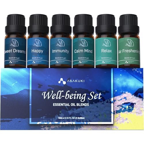 ASAKUKI Ätherische Öle Set für Diffuser – Wohlfühl-Kit mit 6x10ml – Geschenk für Mama – Beruhigung, süße Träume, Glück, Entspannung, Raumduft, Immunität – für Aromatherapie und Luftbefeuchter