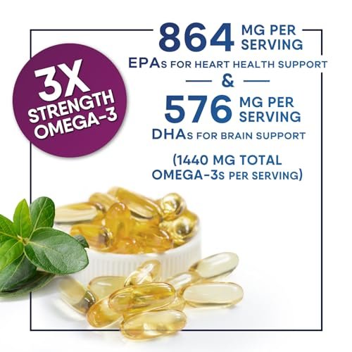 Omega 3 Fischöl Kapseln - 2400 mg Fischöl pro Portion - Triple Stärke Omega-3 mit EPA & DHA Fettsäuren - Natürliche Unterstützung für Herz, Gehirn & Immunsystem - Wild gefangen, in den USA abgefüllt - 120 Softgels