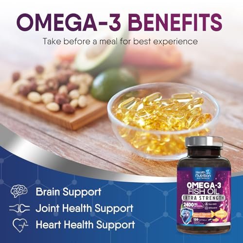 Omega 3 Fischöl Kapseln - 2400 mg Fischöl pro Portion - Triple Stärke Omega-3 mit EPA & DHA Fettsäuren - Natürliche Unterstützung für Herz, Gehirn & Immunsystem - Wild gefangen, in den USA abgefüllt - 120 Softgels
