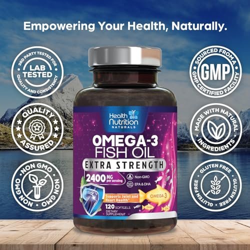 Omega 3 Fischöl Kapseln - 2400 mg Fischöl pro Portion - Triple Stärke Omega-3 mit EPA & DHA Fettsäuren - Natürliche Unterstützung für Herz, Gehirn & Immunsystem - Wild gefangen, in den USA abgefüllt - 120 Softgels