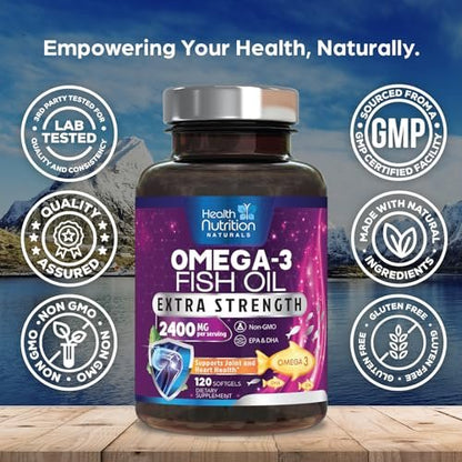 Omega 3 Fischöl Kapseln - 2400 mg Fischöl pro Portion - Triple Stärke Omega-3 mit EPA & DHA Fettsäuren - Natürliche Unterstützung für Herz, Gehirn & Immunsystem - Wild gefangen, in den USA abgefüllt - 120 Softgels