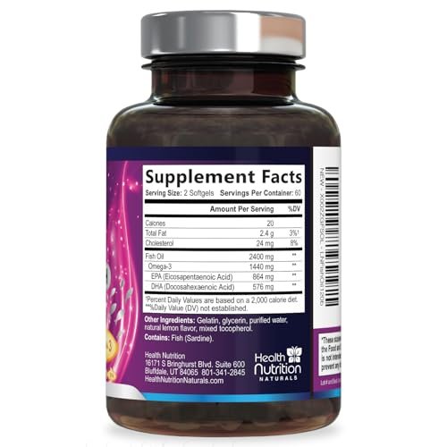 Omega 3 Fischöl Kapseln - 2400 mg Fischöl pro Portion - Triple Stärke Omega-3 mit EPA & DHA Fettsäuren - Natürliche Unterstützung für Herz, Gehirn & Immunsystem - Wild gefangen, in den USA abgefüllt - 120 Softgels