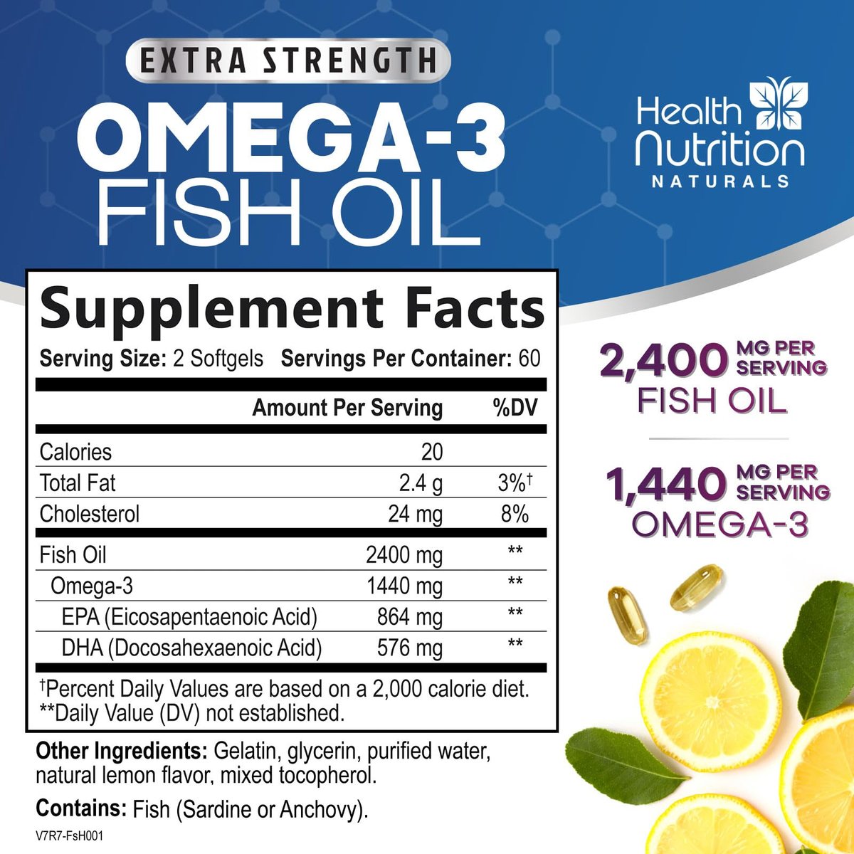 Omega 3 Fischöl Kapseln - 2400 mg Fischöl pro Portion - Triple Stärke Omega-3 mit EPA & DHA Fettsäuren - Natürliche Unterstützung für Herz, Gehirn & Immunsystem - Wild gefangen, in den USA abgefüllt - 120 Softgels
