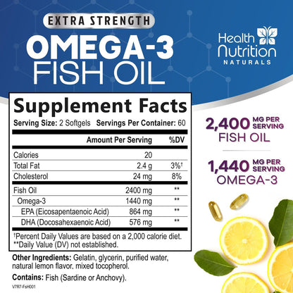 Omega 3 Fischöl Kapseln - 2400 mg Fischöl pro Portion - Triple Stärke Omega-3 mit EPA & DHA Fettsäuren - Natürliche Unterstützung für Herz, Gehirn & Immunsystem - Wild gefangen, in den USA abgefüllt - 120 Softgels