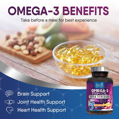 Omega 3 Fischöl Kapseln - 2400 mg Fischöl pro Portion - Triple Stärke Omega-3 mit EPA & DHA Fettsäuren - Natürliche Unterstützung für Herz, Gehirn & Immunsystem - Wild gefangen, in den USA abgefüllt - 120 Softgels