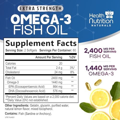 Omega 3 Fischöl Kapseln - 2400 mg Fischöl pro Portion - Triple Stärke Omega-3 mit EPA & DHA Fettsäuren - Natürliche Unterstützung für Herz, Gehirn & Immunsystem - Wild gefangen, in den USA abgefüllt - 120 Softgels