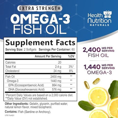 Omega 3 Fischöl Kapseln - 2400 mg Fischöl pro Portion - Triple Stärke Omega-3 mit EPA & DHA Fettsäuren - Natürliche Unterstützung für Herz, Gehirn & Immunsystem - Wild gefangen, in den USA abgefüllt - 120 Softgels