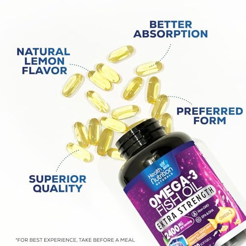 Omega 3 Fischöl Kapseln - 2400 mg Fischöl pro Portion - Triple Stärke Omega-3 mit EPA & DHA Fettsäuren - Natürliche Unterstützung für Herz, Gehirn & Immunsystem - Wild gefangen, in den USA abgefüllt - 120 Softgels
