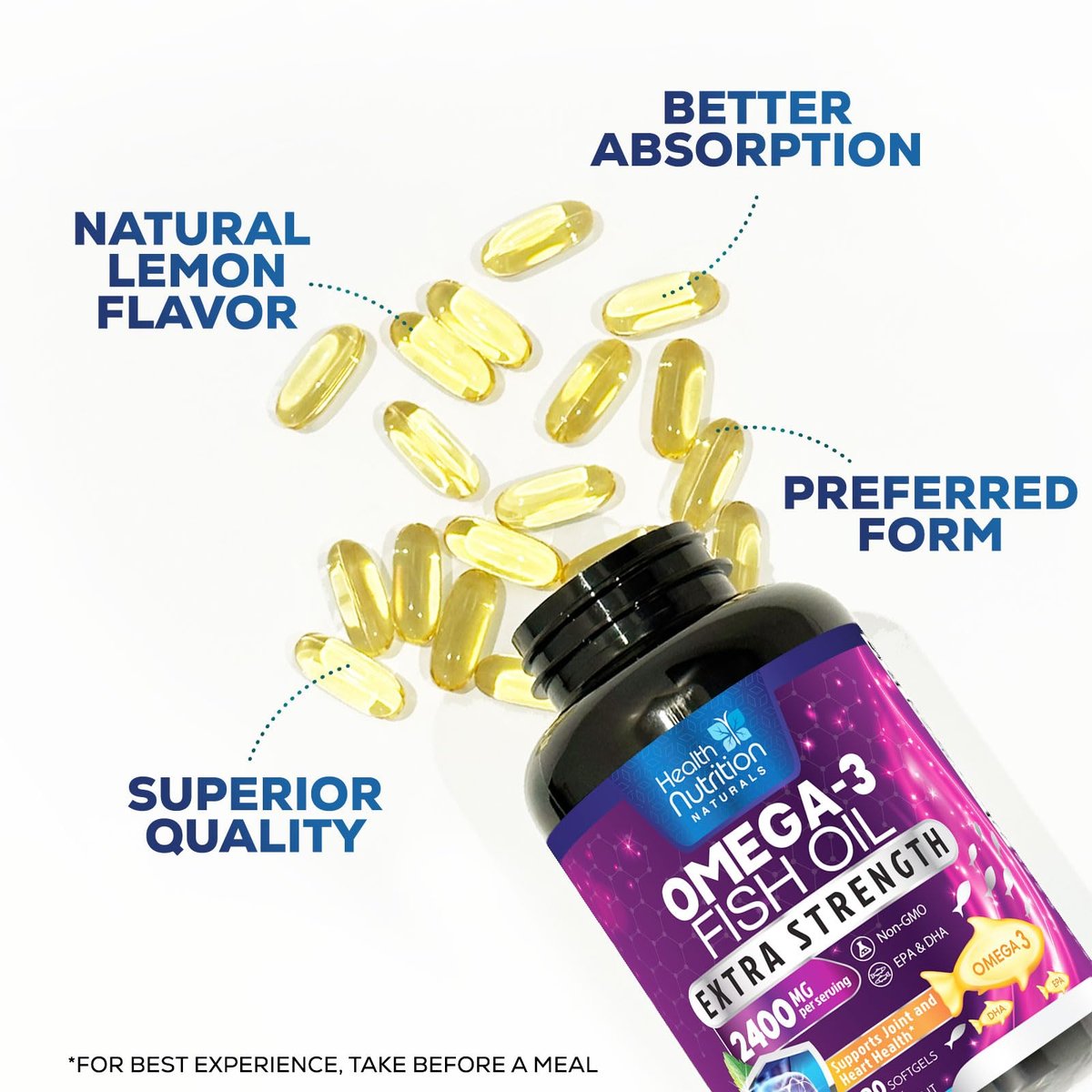 Omega 3 Fischöl Kapseln - 2400 mg Fischöl pro Portion - Triple Stärke Omega-3 mit EPA & DHA Fettsäuren - Natürliche Unterstützung für Herz, Gehirn & Immunsystem - Wild gefangen, in den USA abgefüllt - 120 Softgels