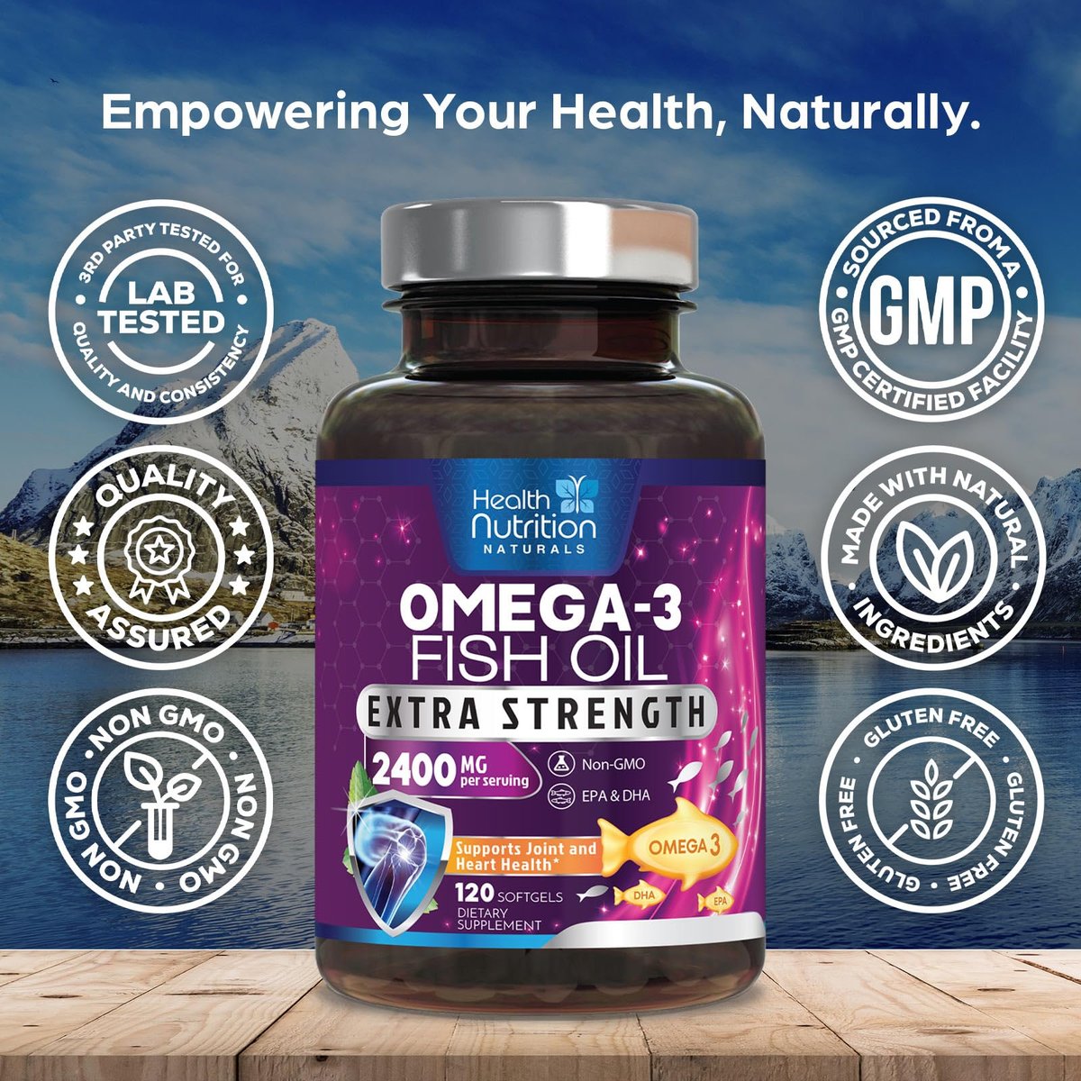 Omega 3 Fischöl Kapseln - 2400 mg Fischöl pro Portion - Triple Stärke Omega-3 mit EPA & DHA Fettsäuren - Natürliche Unterstützung für Herz, Gehirn & Immunsystem - Wild gefangen, in den USA abgefüllt - 120 Softgels