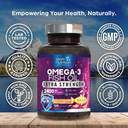Omega 3 Fischöl Kapseln - 2400 mg Fischöl pro Portion - Triple Stärke Omega-3 mit EPA & DHA Fettsäuren - Natürliche Unterstützung für Herz, Gehirn & Immunsystem - Wild gefangen, in den USA abgefüllt - 120 Softgels