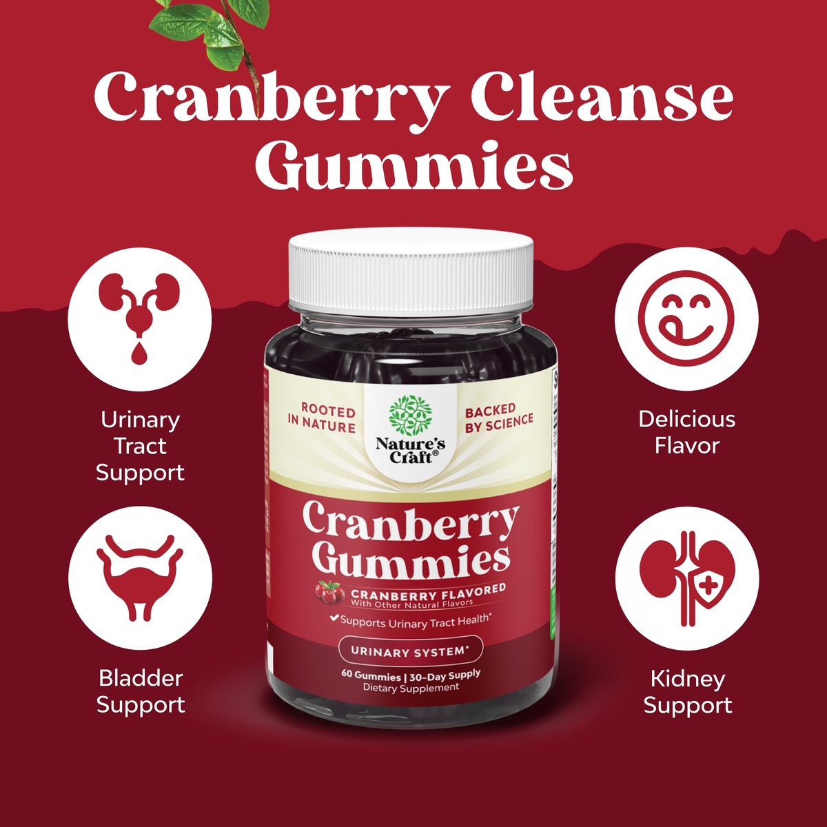 Natürliche Cranberry Gummis für Frauen und Männer – Extra starke, leckere Antioxidantien für die Gesundheit der Harnwege – Nieren- & Blasenunterstützung mit Immunstärkung – Vegan & Glutenfrei – 60 Stück