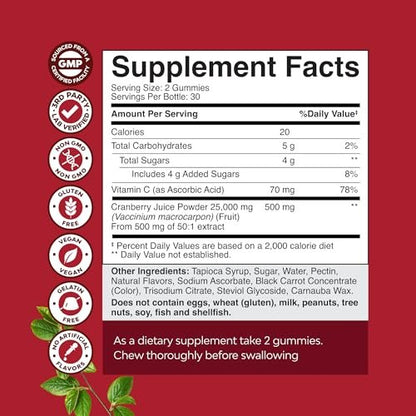 Natürliche Cranberry Gummis für Frauen und Männer – Extra starke, leckere Antioxidantien für die Gesundheit der Harnwege – Nieren- & Blasenunterstützung mit Immunstärkung – Vegan & Glutenfrei – 60 Stück