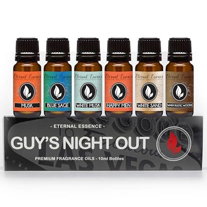 Eternal Essence Oils Guy's Night Out Set mit 6 Premium Duftölen – Happy Men, Blue Sage, White Sand, Warm Rustic Woods, Musk und White Musk – 10 ml