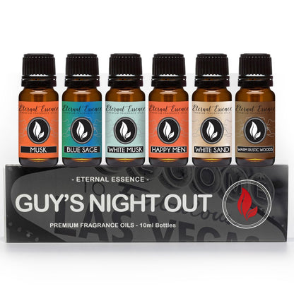 Eternal Essence Oils Guy's Night Out Set mit 6 Premium Duftölen – Happy Men, Blue Sage, White Sand, Warm Rustic Woods, Musk und White Musk – 10 ml
