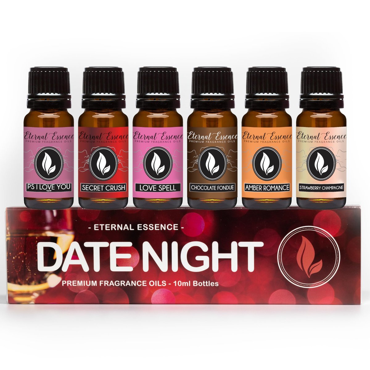 Eternal Essence Oils Date Night Set mit 6 Premium Duftölen – PS I Love You, Amber Romance, Secret Crush, Chocolate Fondue, Strawberry Champagne und Love Spell – 10 ml