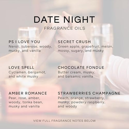 Eternal Essence Oils Date Night Set mit 6 Premium Duftölen – PS I Love You, Amber Romance, Secret Crush, Chocolate Fondue, Strawberry Champagne und Love Spell – 10 ml