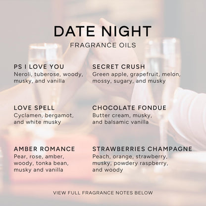 Eternal Essence Oils Date Night Set mit 6 Premium Duftölen – PS I Love You, Amber Romance, Secret Crush, Chocolate Fondue, Strawberry Champagne und Love Spell – 10 ml