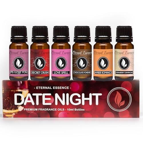 Eternal Essence Oils Date Night Set mit 6 Premium Duftölen – PS I Love You, Amber Romance, Secret Crush, Chocolate Fondue, Strawberry Champagne und Love Spell – 10 ml
