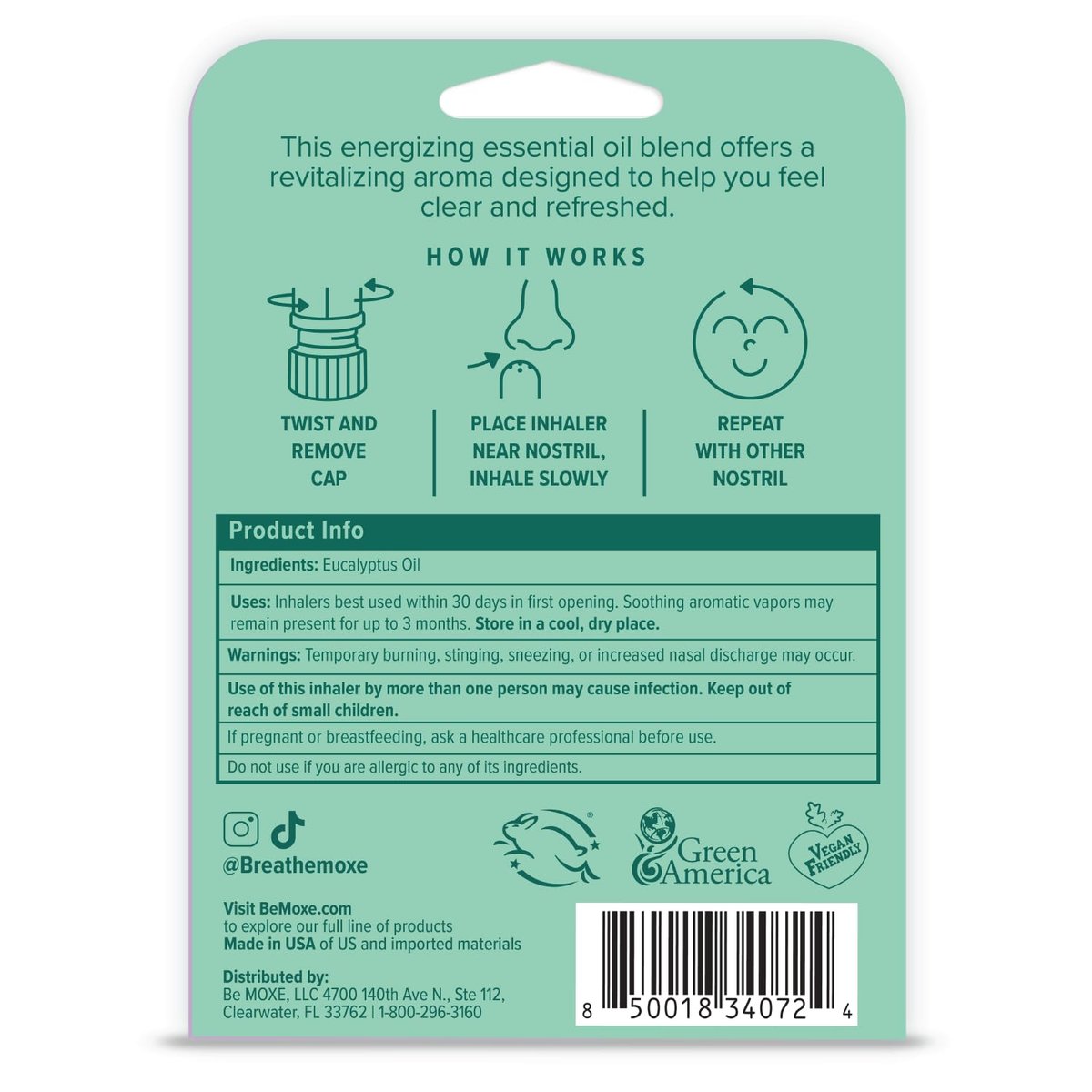 MOXĒ Eukalyptus-Öl Naseninhalator, Sinus- & Stauungslinderung, tägliche Entspannung, Stressabbau, therapeutische Aromatherapie ohne Schmutz, rein und natürlich, hergestellt in den USA (1 Packung)