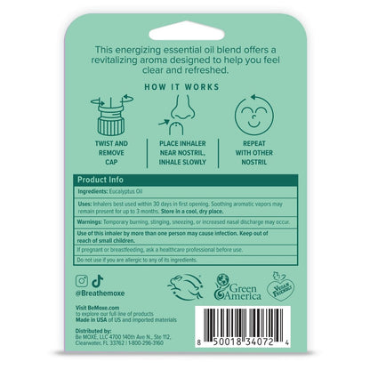 MOXĒ Eukalyptus-Öl Naseninhalator, Sinus- & Stauungslinderung, tägliche Entspannung, Stressabbau, therapeutische Aromatherapie ohne Schmutz, rein und natürlich, hergestellt in den USA (1 Packung)