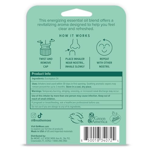 MOXĒ Eukalyptus-Öl Naseninhalator, Sinus- & Stauungslinderung, tägliche Entspannung, Stressabbau, therapeutische Aromatherapie ohne Schmutz, rein und natürlich, hergestellt in den USA (1 Packung)