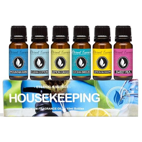 Eternal Essence Oils Haushaltsset mit 6 Premium Duftölen – Inklusive Clean Cotton, Lemon Blossom, Zitronengras, Sweet Pea, Ocean Breeze und Mountain Rain – 10 ml