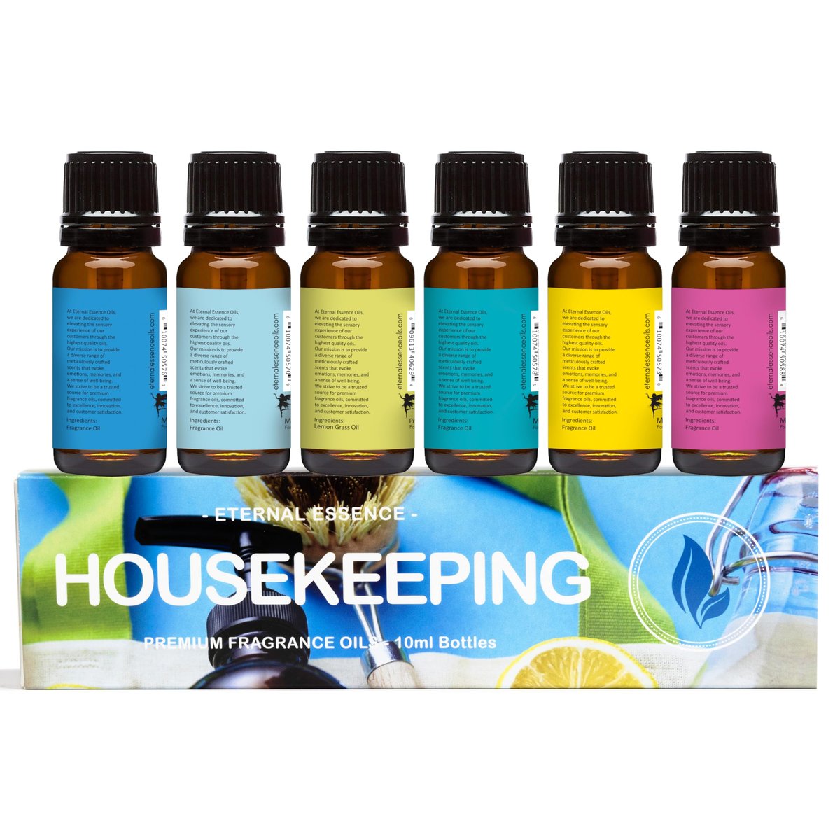 Eternal Essence Oils Haushaltsset mit 6 Premium Duftölen – Inklusive Clean Cotton, Lemon Blossom, Zitronengras, Sweet Pea, Ocean Breeze und Mountain Rain – 10 ml