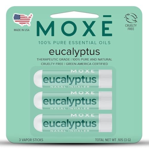 MOXĒ Eukalyptus ätherisches Öl Naseninhalator, 3er-Pack – Linderung bei Nebenhöhlen- und Verstopfungsbeschwerden, tägliche Entspannung, Stressabbau, therapeutische Aromatherapie, rein und natürlich, hergestellt in den USA