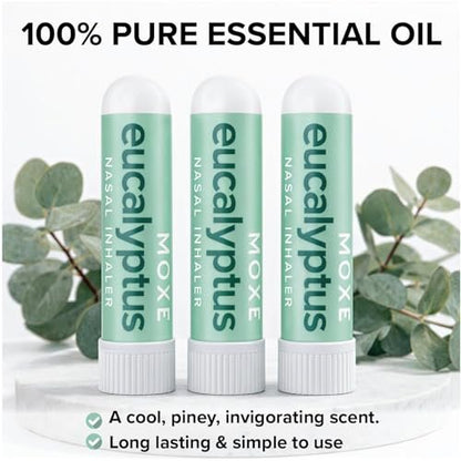 MOXĒ Eukalyptus ätherisches Öl Naseninhalator, 3er-Pack – Linderung bei Nebenhöhlen- und Verstopfungsbeschwerden, tägliche Entspannung, Stressabbau, therapeutische Aromatherapie, rein und natürlich, hergestellt in den USA