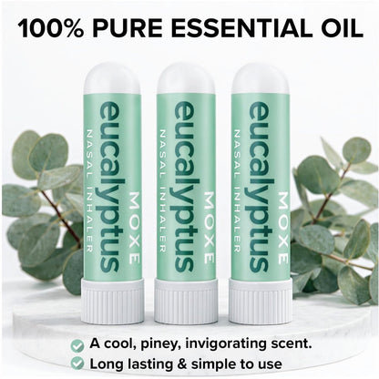 MOXĒ Eukalyptus ätherisches Öl Naseninhalator, 3er-Pack – Linderung bei Nebenhöhlen- und Verstopfungsbeschwerden, tägliche Entspannung, Stressabbau, therapeutische Aromatherapie, rein und natürlich, hergestellt in den USA