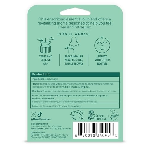 MOXĒ Eukalyptus ätherisches Öl Naseninhalator, 3er-Pack – Linderung bei Nebenhöhlen- und Verstopfungsbeschwerden, tägliche Entspannung, Stressabbau, therapeutische Aromatherapie, rein und natürlich, hergestellt in den USA