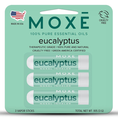 MOXĒ Eukalyptus ätherisches Öl Naseninhalator, 3er-Pack – Linderung bei Nebenhöhlen- und Verstopfungsbeschwerden, tägliche Entspannung, Stressabbau, therapeutische Aromatherapie, rein und natürlich, hergestellt in den USA