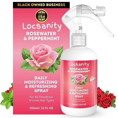 Locsanity Daily Moisturizing Rosewater & Peppermint Spray für Locs und Dreadlocks – Leichte Frizz-Kontrolle & Feuchtigkeit für Haar und Kopfhaut (355 ml)