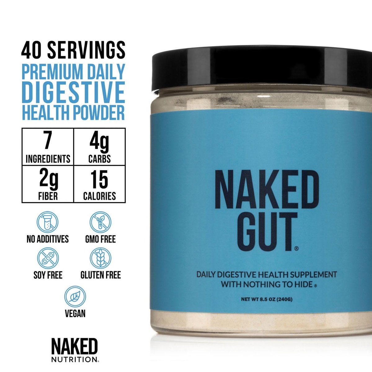 NAKED Gut – Tägliches Darmgesundheits-Pulver mit Präbiotika für Darmreinigung & Verdauungsunterstützung – GVO-frei, sojafrei, glutenfrei, vegan & hypoallergen, 40 Portionen
