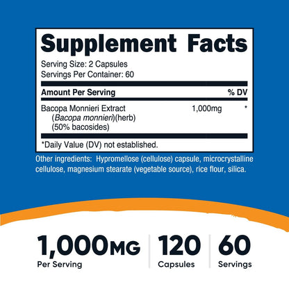 Nutricost Bacopa Monnieri 1.000 mg, 120 Kapseln (60 Portionen) - Non-GMO, Glutenfrei, Vegetarierfreundlich