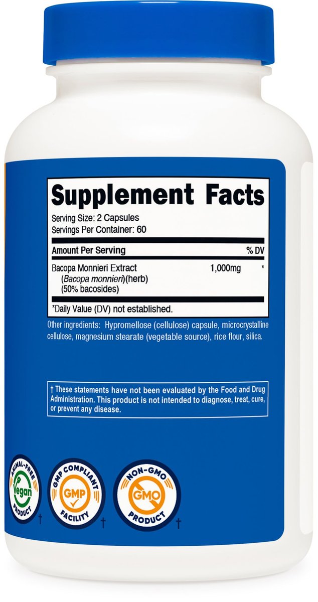 Nutricost Bacopa Monnieri 1.000 mg, 120 Kapseln (60 Portionen) - Non-GMO, Glutenfrei, Vegetarierfreundlich